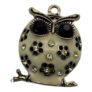 Owl Pendant Necklace Antique‎ Brass Tone W/ Rhinestones  Jewelry Making Crafting